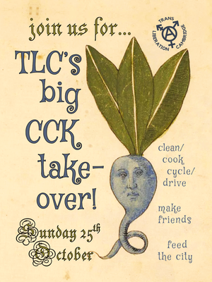 A medieval style drawing of a blue root vegetable with three green leaves. The main body of the vegetable has a face with a blank expression. "Join us for TLC's big CCK take-over!"