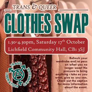 A close up shot of various items of clothing hanging on a rack. In front of it is the name and description (as above) of the clothes swap event, along with a TLC logo in green on the bottom left.