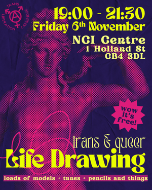 a magenta and purple halftoned classical sculpture of Giggling Hermaphrodite, twirling their hair alluringly. Over the top, neon lime chunky vintage script describes the event as above. 19:00 - 21:30, Friday 6th November, NCI Centre, 1 Holland Street, CB4 3DL. "Wow it's free!". trans & queer Life Drawing. loads of models + tunes + pencils and things